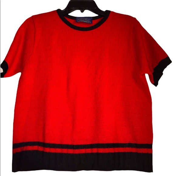 Willow Ridge Red Black Trim Knit Short Sleeve Sweater Top Size M Classic - Picture 5 of 10